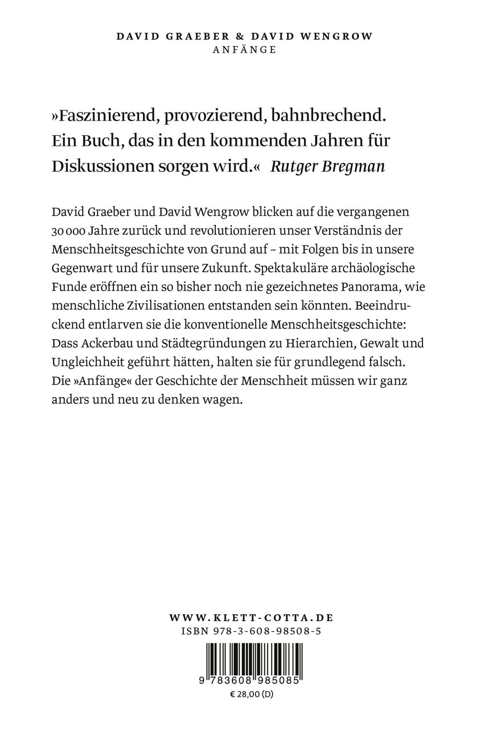 Rückseite: 9783608985085 | Anfänge | David Graeber (u. a.) | Buch | gebunden mit Schutzumschlag