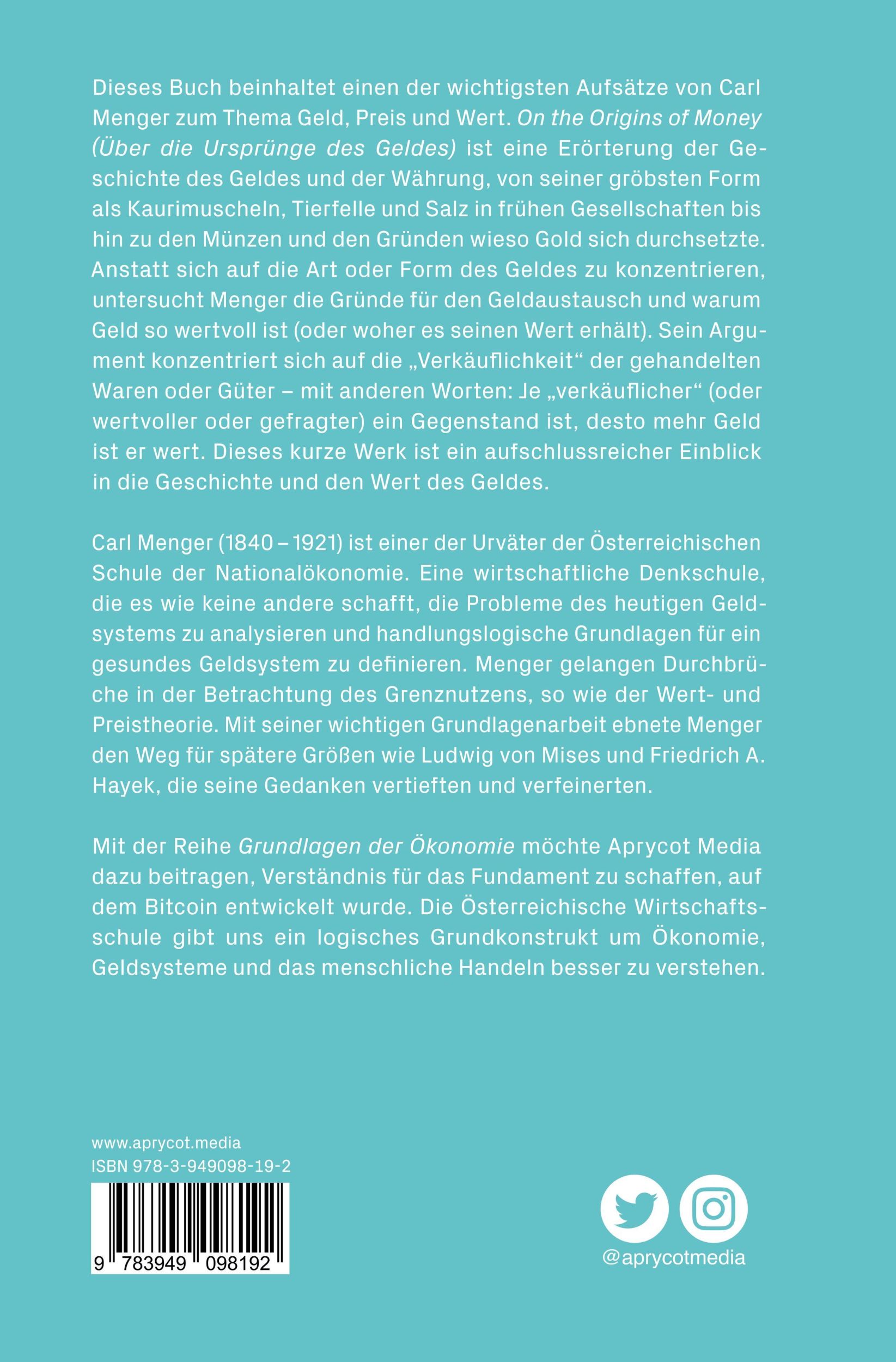 Rückseite: 9783949098192 | Grundlagen der Ökonomie: Das Wesentliche von Carl Menger | Carl Menger