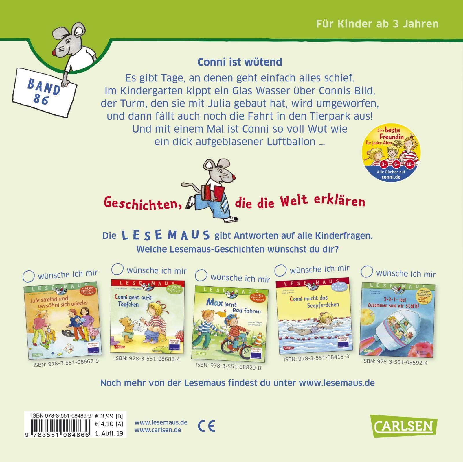 Rückseite: 9783551084866 | LESEMAUS 86: Conni ist wütend | Liane Schneider | Taschenbuch | 24 S.