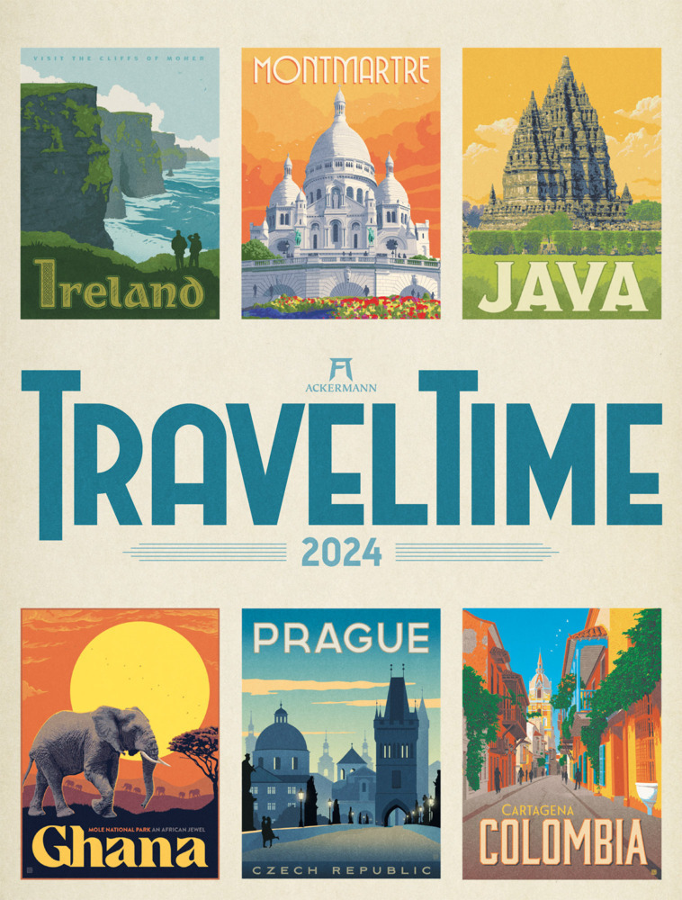 Cover: 9783838424156 | Travel Time - Reise-Plakate Kalender 2024 | Ackermann Kunstverlag