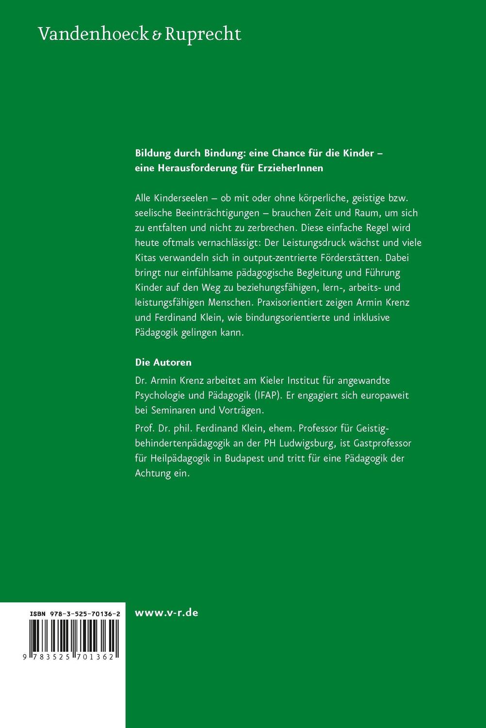 Rückseite: 9783525701362 | Bildung durch Bindung | Ferdinand Klein (u. a.) | Taschenbuch | 222 S.