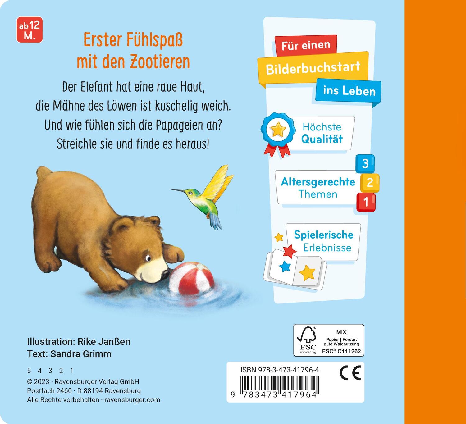 Rückseite: 9783473417964 | Mein erstes Fühlbuch: Meine Zootiere | Sandra Grimm | Taschenbuch