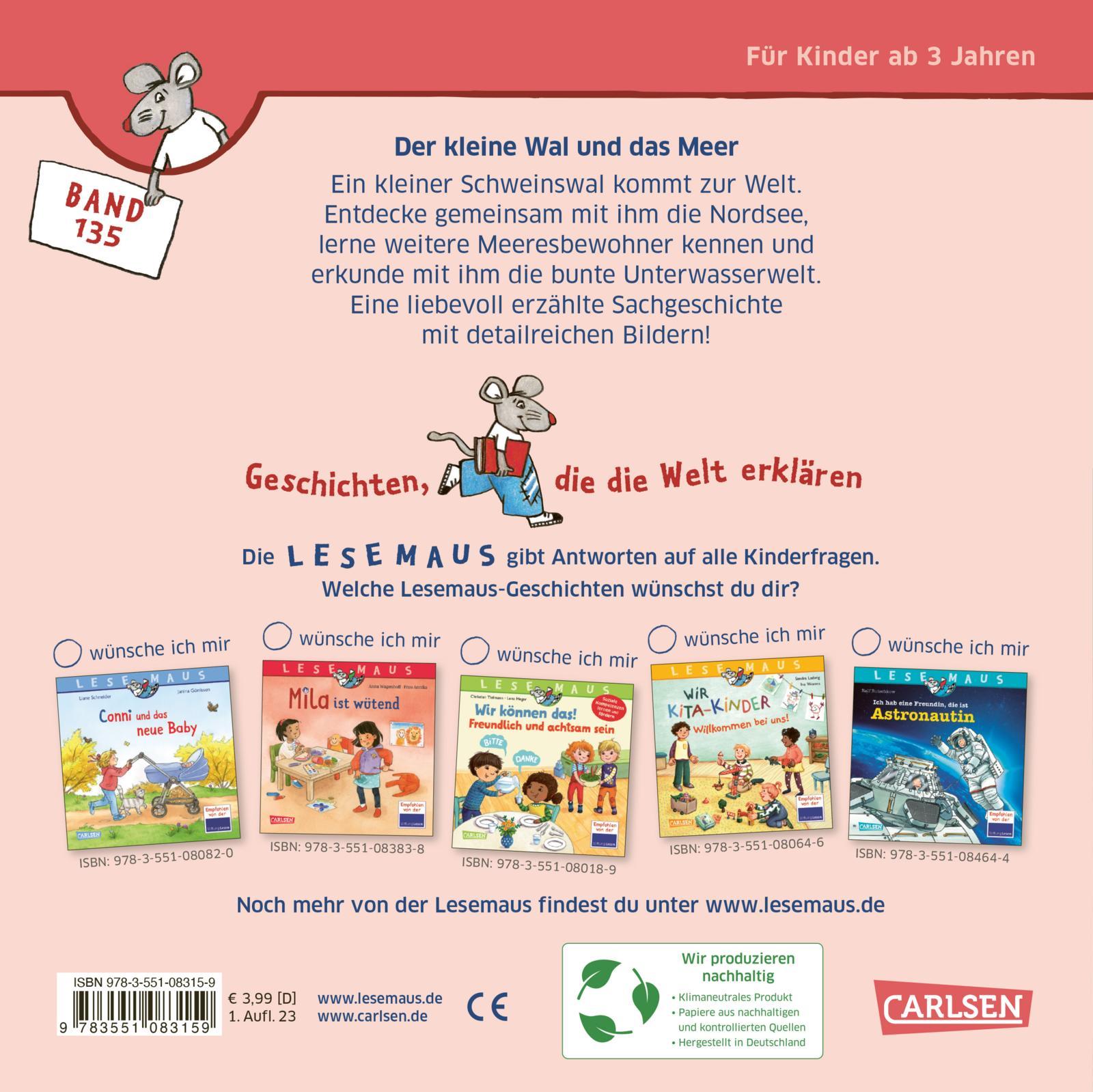 Rückseite: 9783551083159 | LESEMAUS 135: Der kleine Wal und das Meer | Claudia H.M. Hangen | Buch