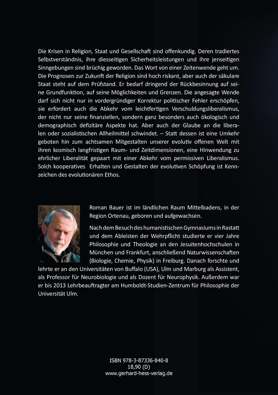 Rückseite: 9783873368408 | Das evolutionäre Ethos | Roman Bauer | Taschenbuch | 120 S. | Deutsch