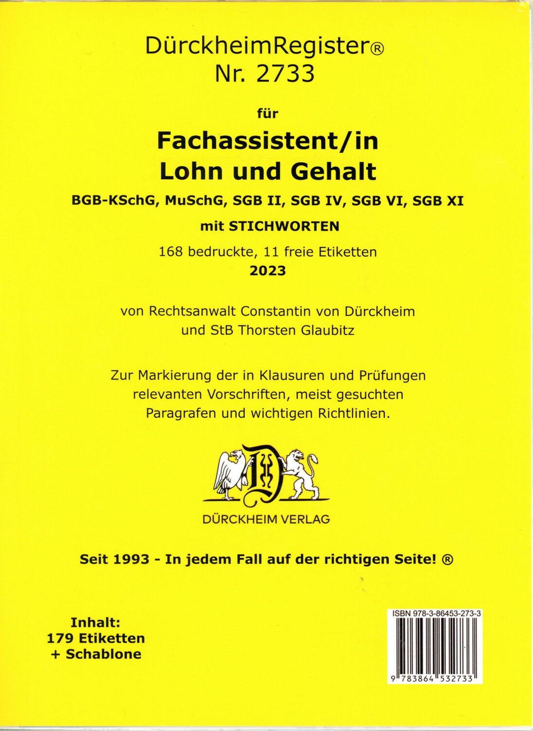Cover: 9783864532733 | DürckheimRegister® - Fachassistent LOHN U GEHALT(ArbR-SGB) Nr. 2733...