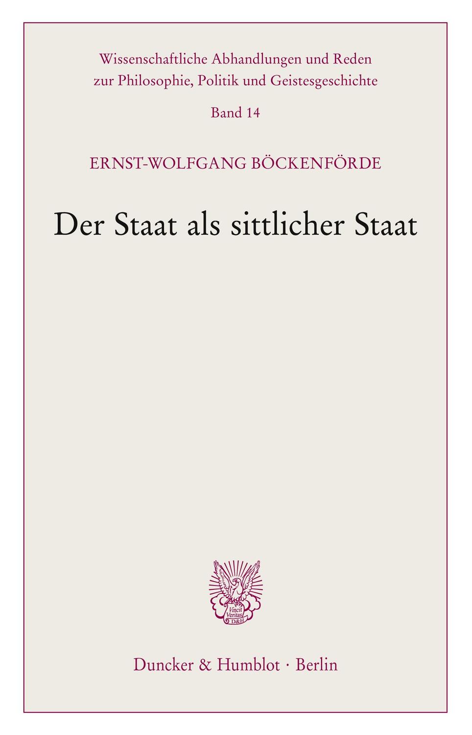 Cover: 9783428042548 | Der Staat als sittlicher Staat. | Ernst-Wolfgang Böckenförde | Buch