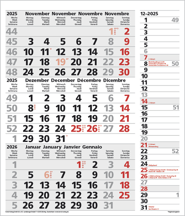 Bild: 9783731877554 | 3-Monats-Planer Combi Grau 2025 | Korsch Verlag | Kalender | 12 S.