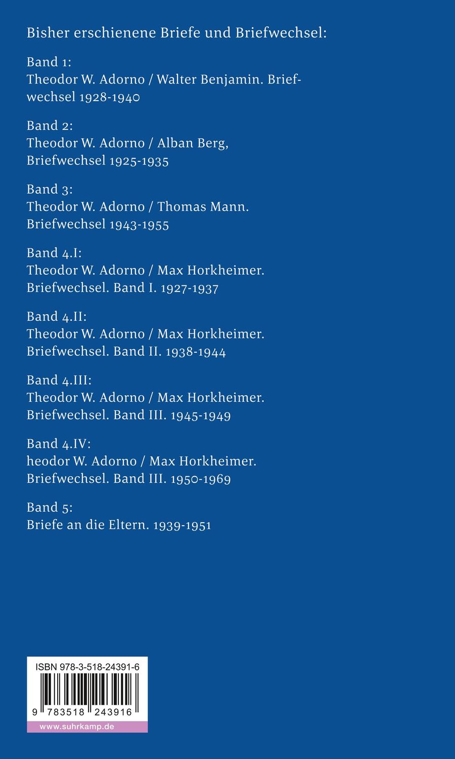 Rückseite: 9783518243916 | Briefe und Briefwechsel | Theodor W. Adorno (u. a.) | Taschenbuch