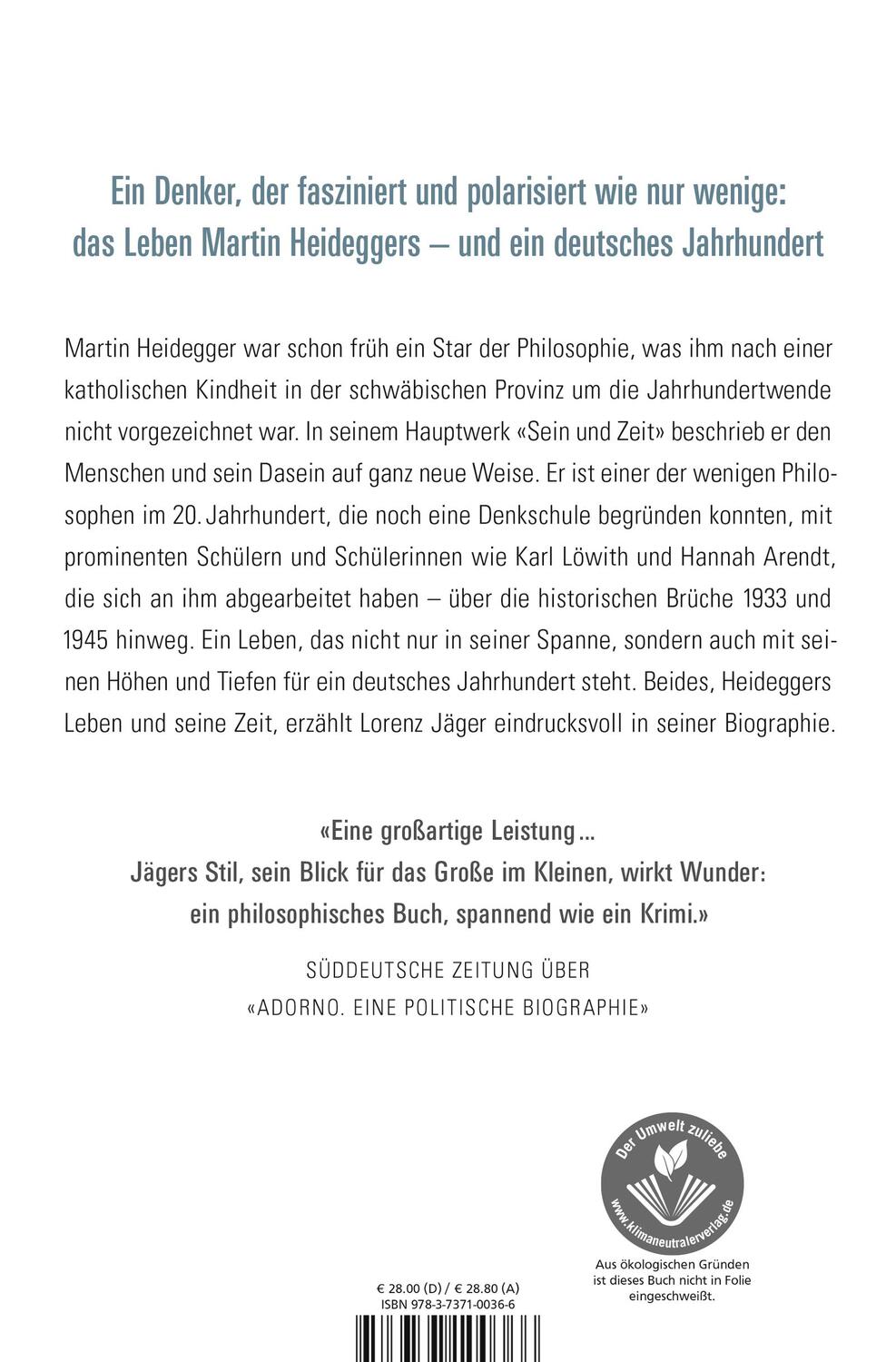 Rückseite: 9783737100366 | Heidegger | Ein deutsches Leben | Lorenz Jäger | Buch | 608 S. | 2021