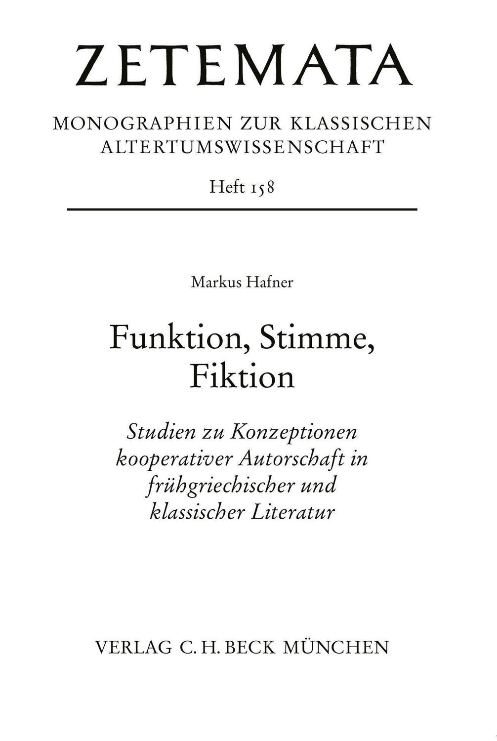 Cover: 9783406801334 | Funktion, Stimme, Fiktion | Markus Hafner | Taschenbuch | Zetemata