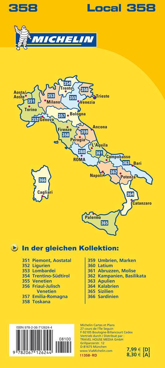 Rückseite: 9782067126244 | Michelin Lokalkarte Toskana 1 : 200 000 | (Land-)Karte | Deutsch