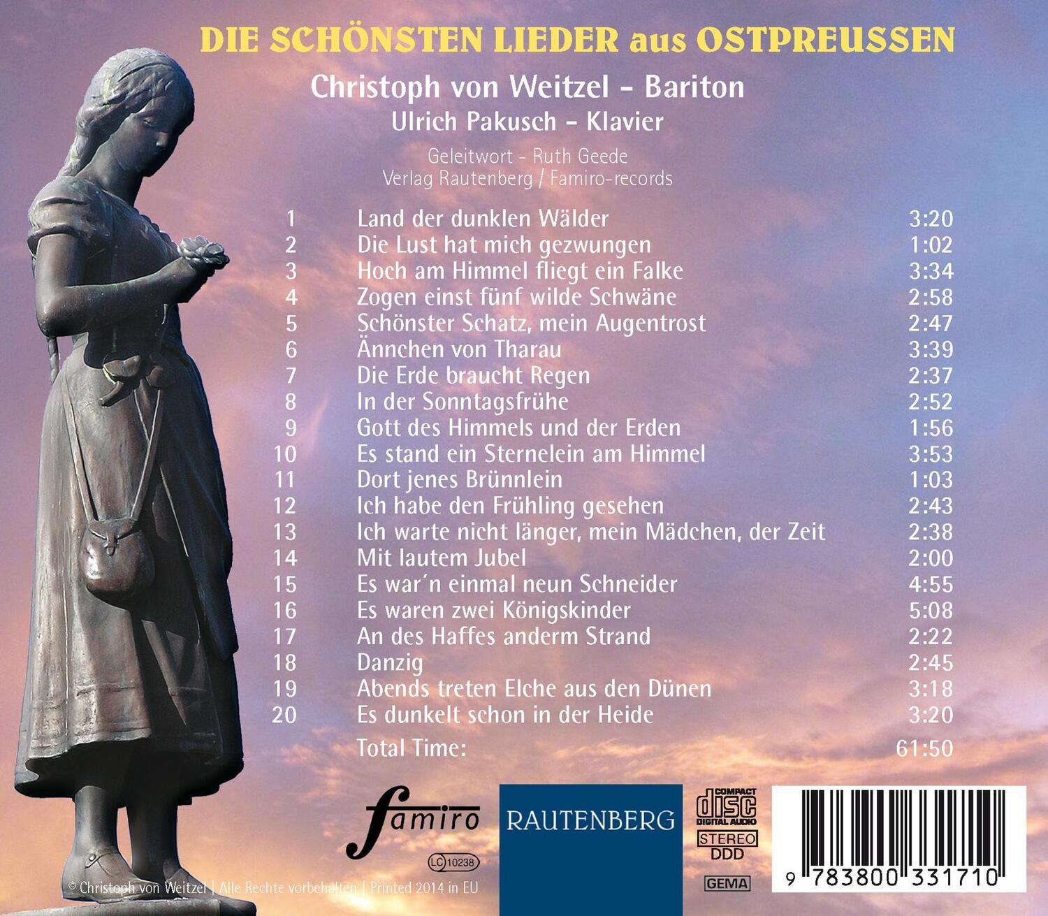 Rückseite: 9783800331710 | Die schönsten Lieder aus Ostpreußen. CD | Ulrich Pakusch | Audio-CD