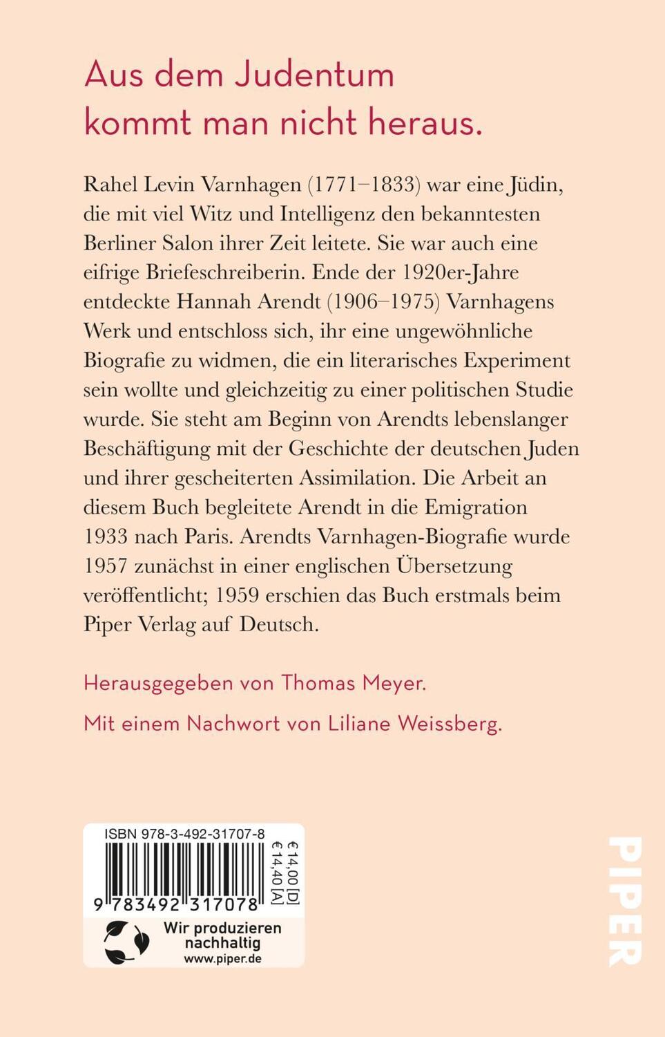 Rückseite: 9783492317078 | Rahel Varnhagen | Hannah Arendt | Taschenbuch | Deutsch | 2021 | Piper