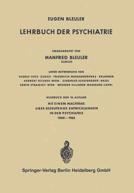 Cover: 9783662428726 | Lehrbuch der Psychiatrie | Manfred Bleuler (u. a.) | Taschenbuch