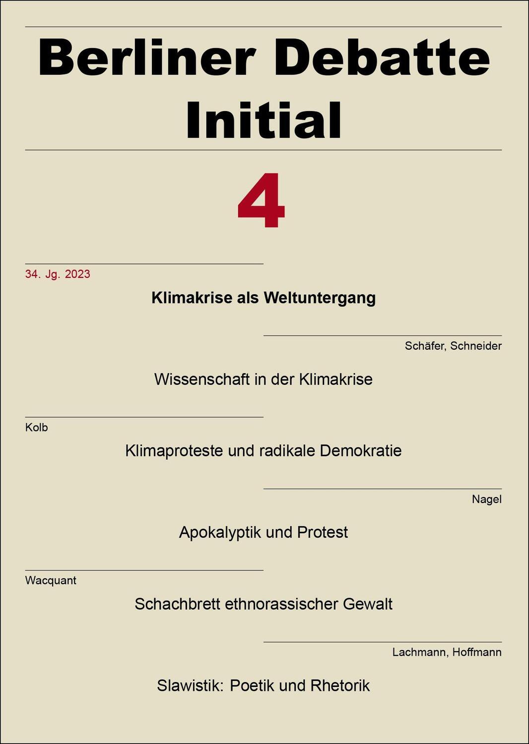 Cover: 9783515136693 | Berliner Debatte Initial 34 (2023) 4 | Klimakrise als Weltuntergang