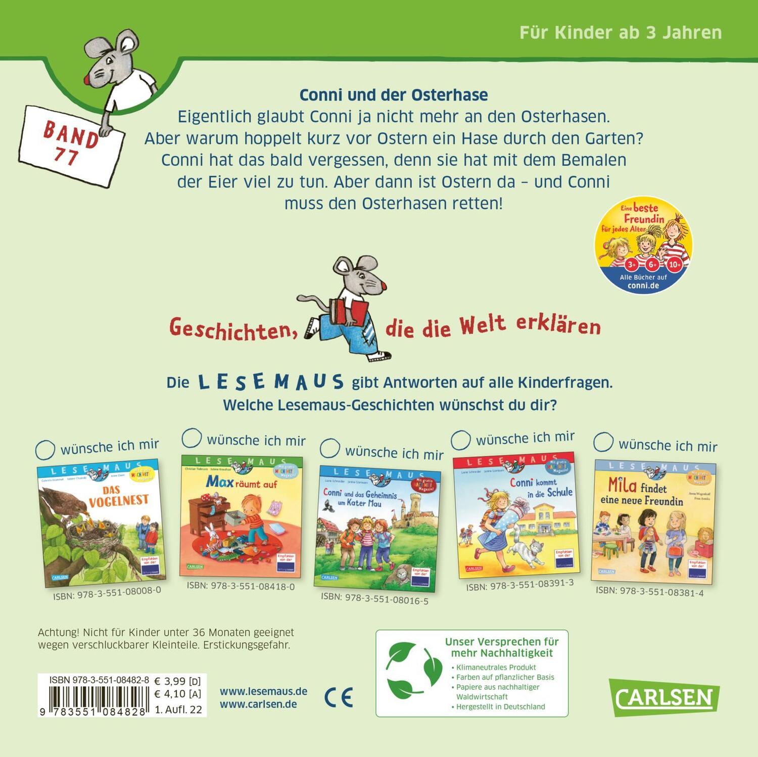Rückseite: 9783551084828 | LESEMAUS 77: Conni und der Osterhase | Liane Schneider | Taschenbuch