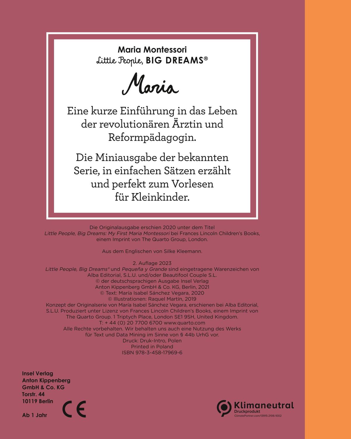 Rückseite: 9783458179696 | Maria Montessori | Little People, Big Dreams. Mini | Vegara | Buch