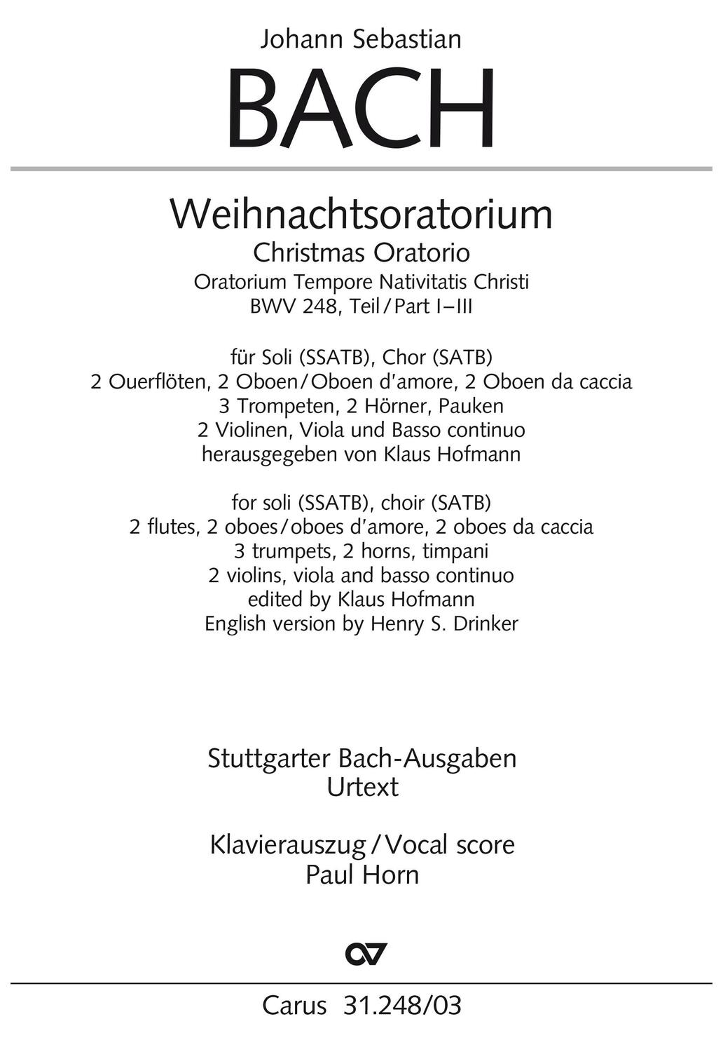 Cover: 9790007086169 | J. S. Bach: Weihnachtsoratorium, Teile I-III | Kantaten I-III | Bach