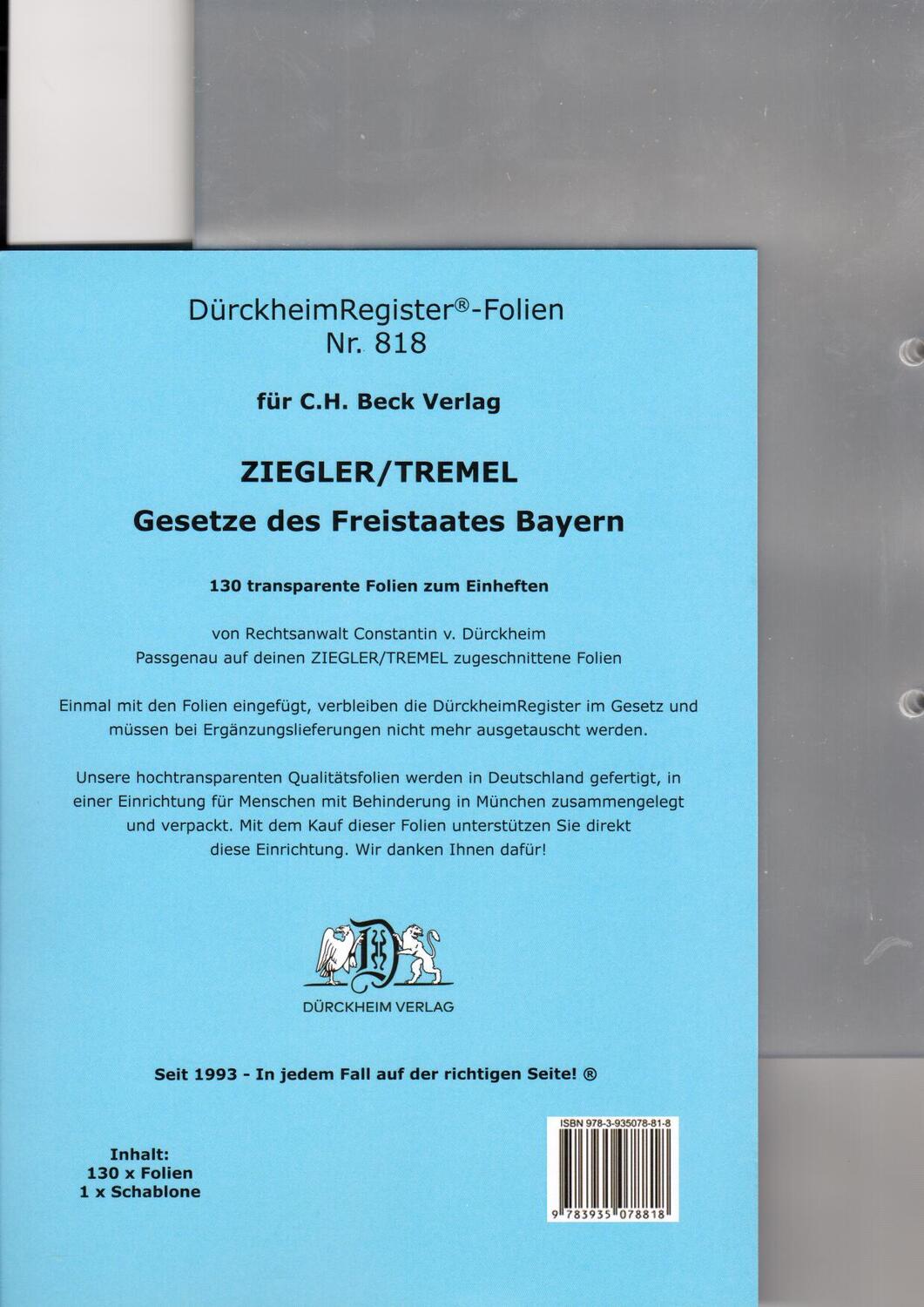 Cover: 9783935078818 | DürckheimRegister®-FOLIEN ZIEGLER/TREMEL Gesetze des Freistaates...
