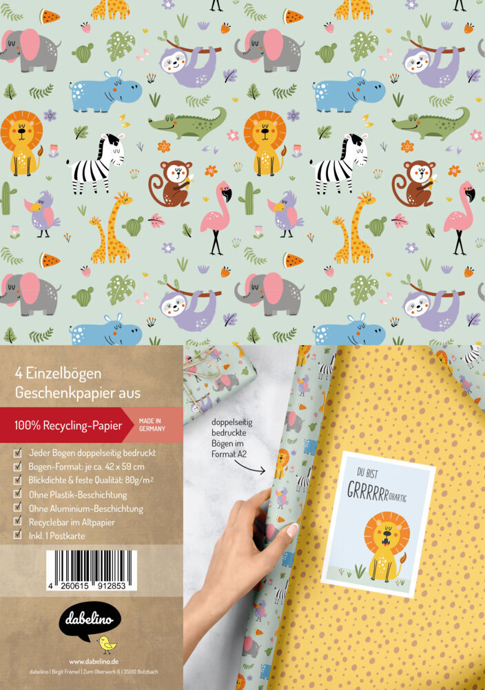 Cover: 4260615912853 | Geschenkpapier-Set für Kinder: Dschungel / Safari Tiere / Zoo | Stück