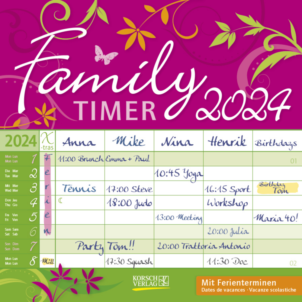 Cover: 9783731873044 | Family Timer - Floral 2024 | Broschürenkalender mit Ferienterminen
