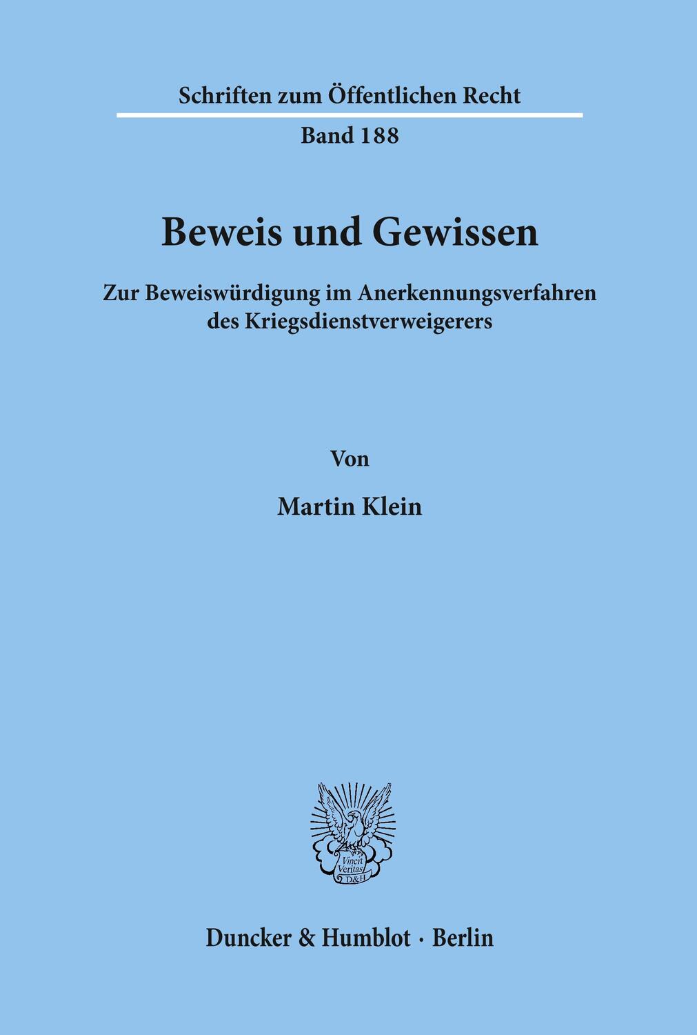 Cover: 9783428027125 | Beweis und Gewissen. | Martin Klein | Taschenbuch | Paperback | 92 S.