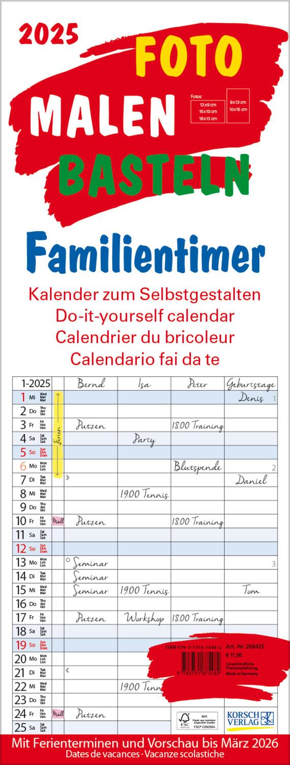 Cover: 9783731875482 | Foto-Malen-Basteln Familientimer 2025 | Verlag Korsch | Kalender