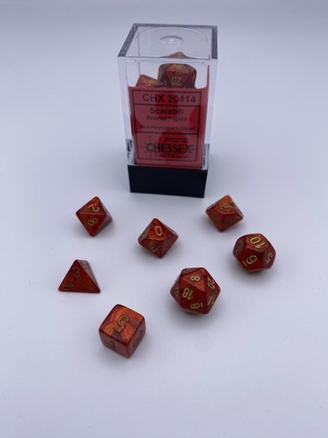 Cover: 601982038199 | Scarab® Mini-Polyhedral Scarlet™/gold 7-Die Set | Chessex