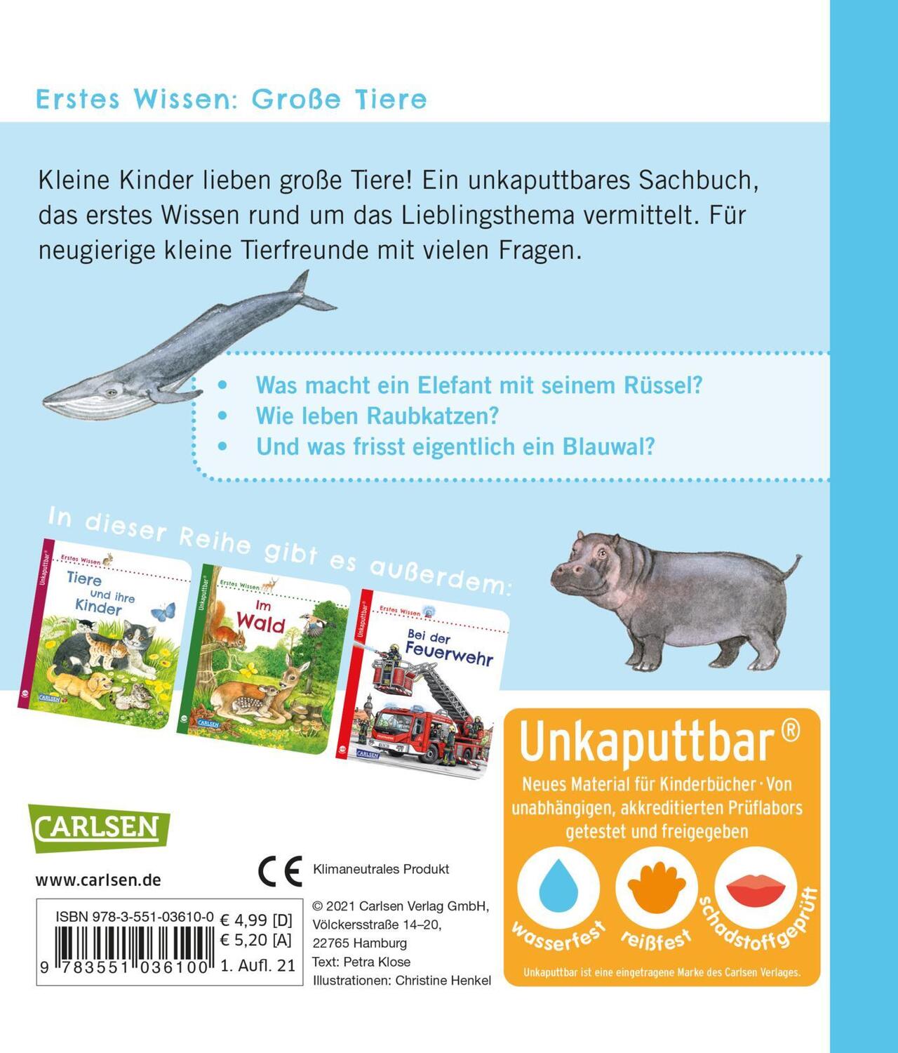 Rückseite: 9783551036100 | Unkaputtbar: Erstes Wissen: Große Tiere | Petra Klose | Taschenbuch