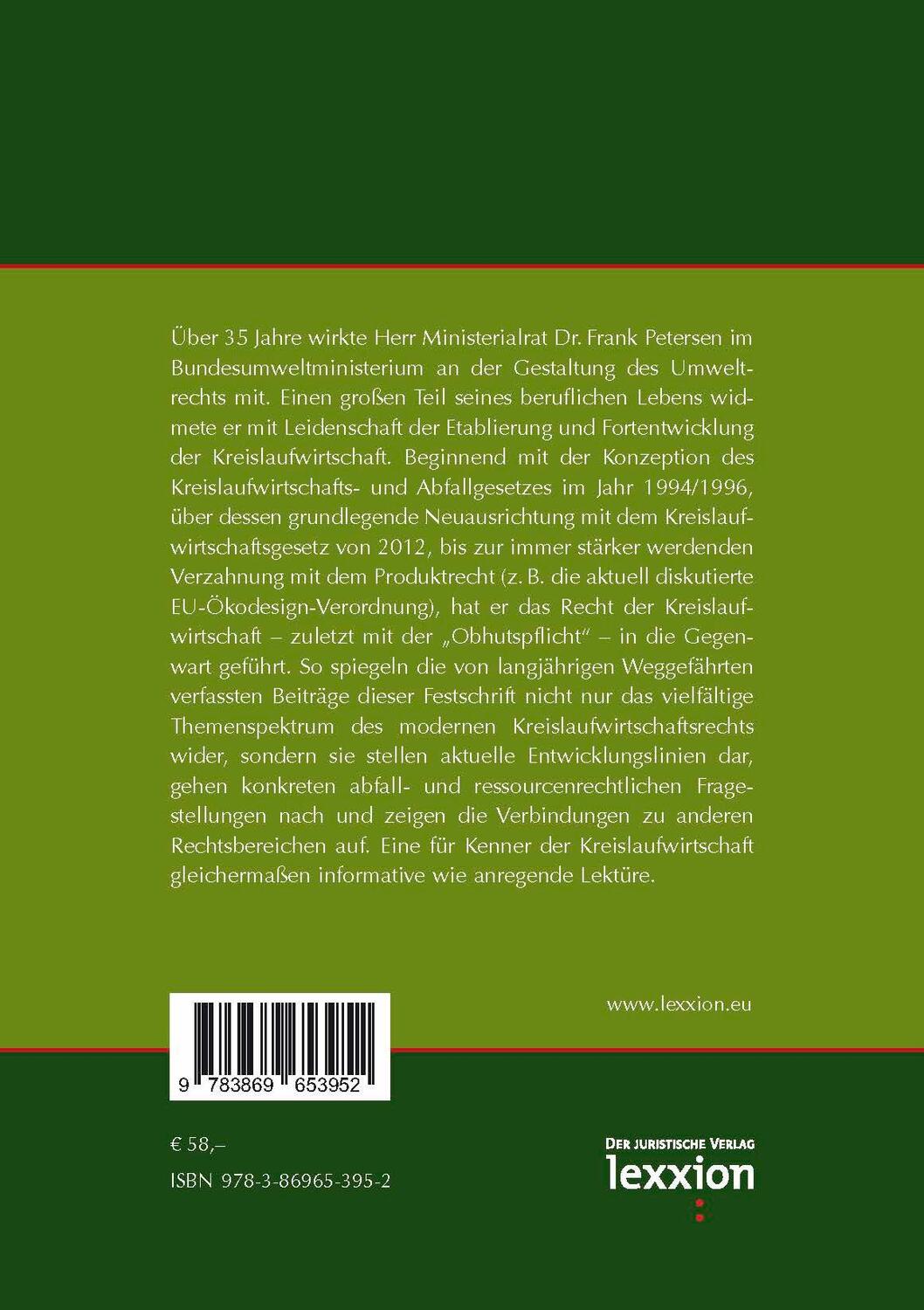 Rückseite: 9783869653952 | Kreislauf - Wirtschaft - Recht | Festschrift für Frank Petersen | Buch