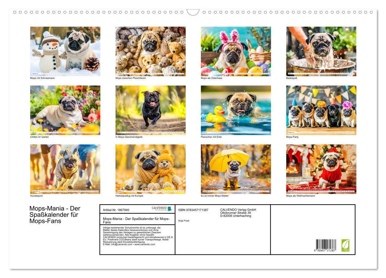 Bild: 9783457171387 | Mops-Mania - Der Spaßkalender für Mops-Fans (Wandkalender 2025 DIN...