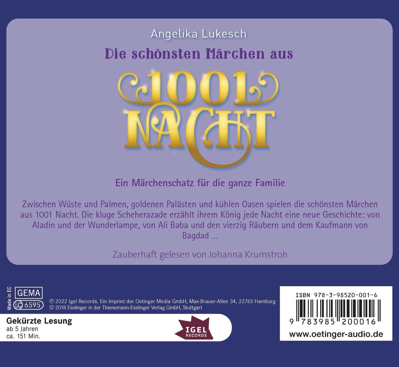 Rückseite: 9783985200016 | Die schönsten Märchen aus 1001 Nacht | Angelika Lukesch | Audio-CD
