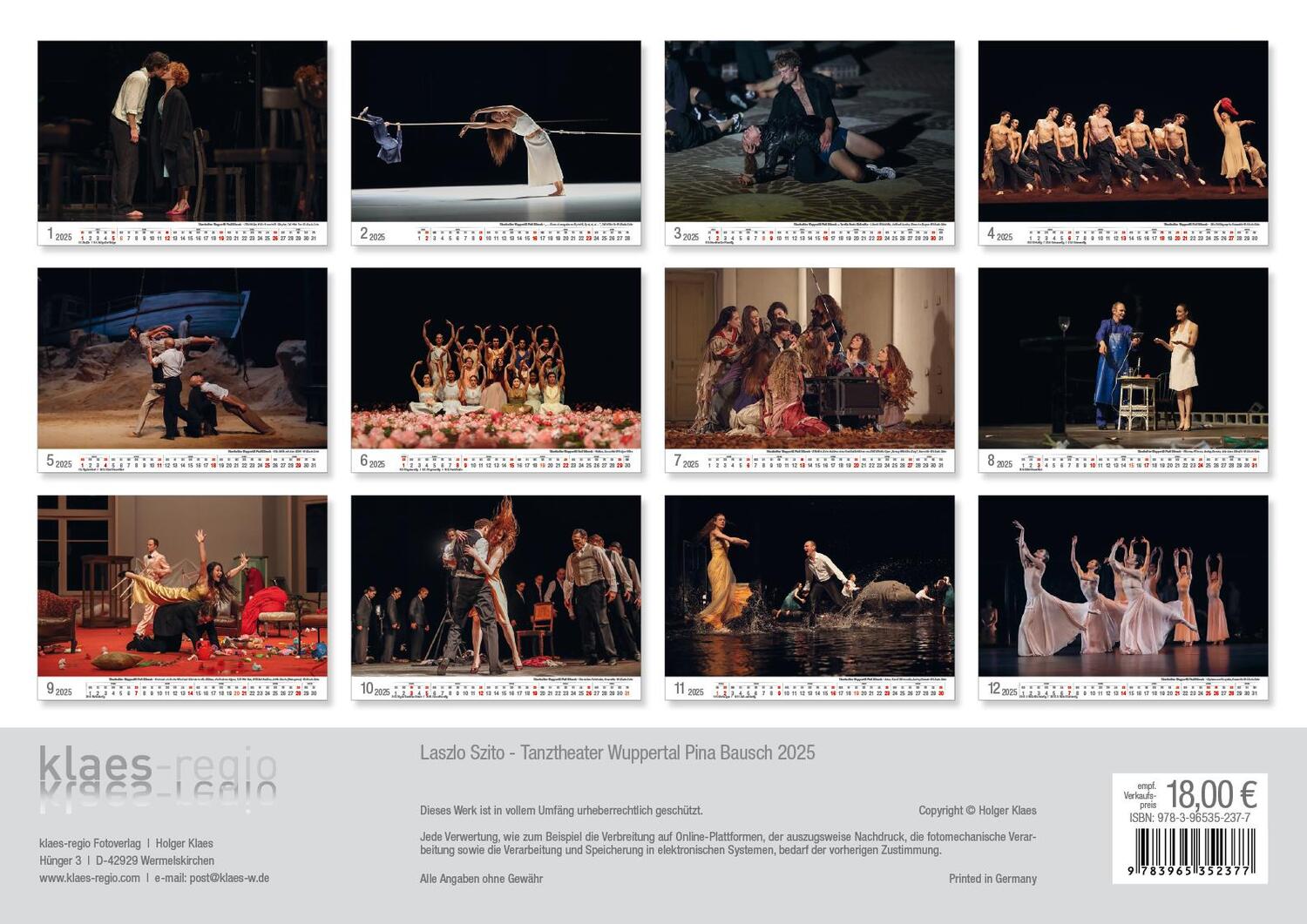 Rückseite: 9783965352377 | Tanztheater Wuppertal Pina Bausch 2025 Bildkalender A3 Spiralbindung