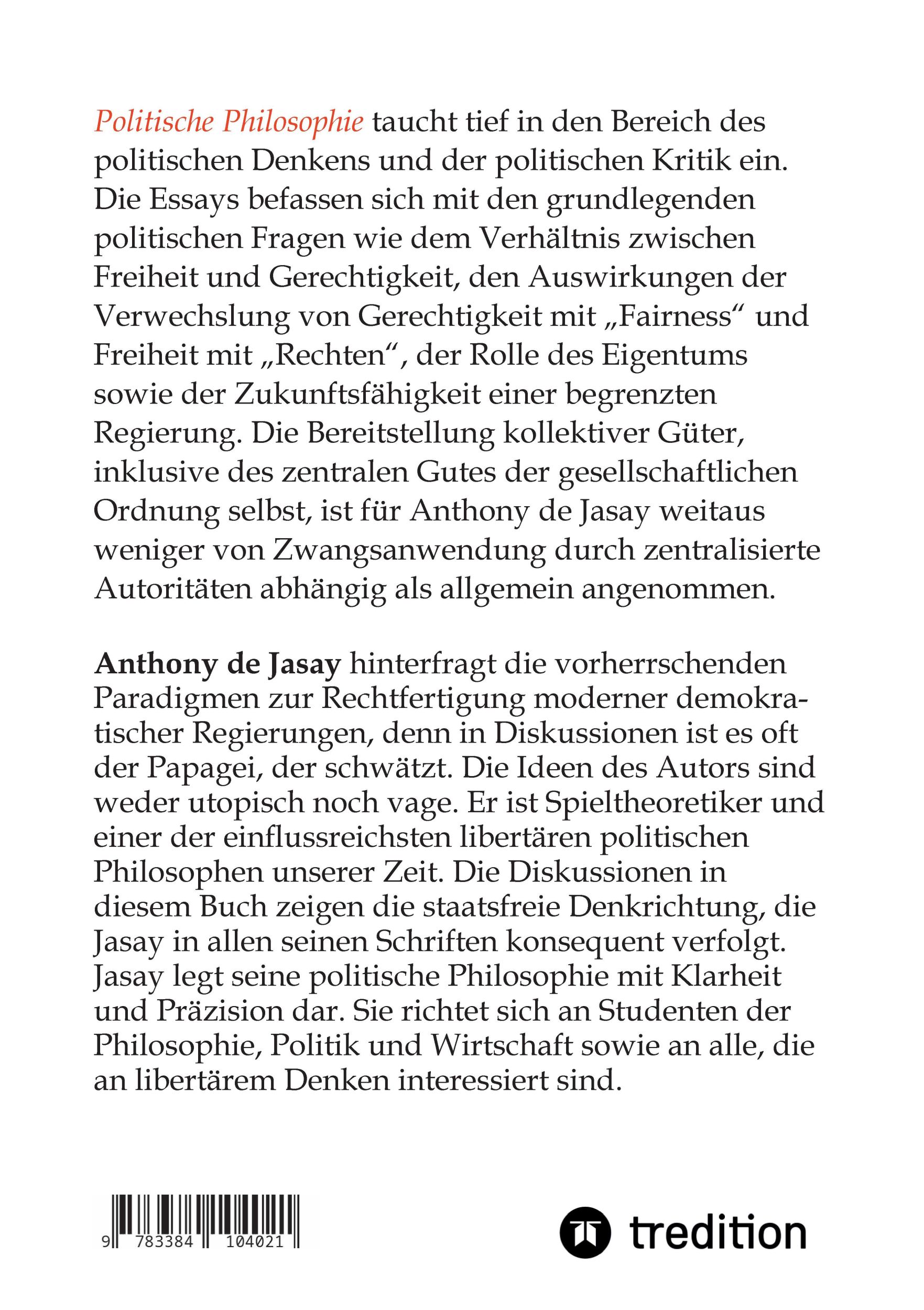 Rückseite: 9783384104021 | Politische Philosophie | Anthony De Jasay | Taschenbuch | 412 S.