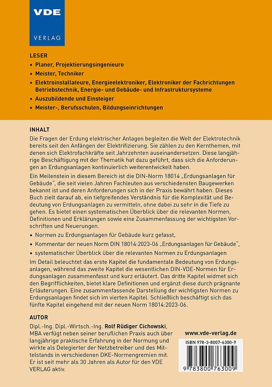 Rückseite: 9783800763009 | Erdungsanlagen für Gebäude | Rolf Rüdiger Cichowski | Taschenbuch