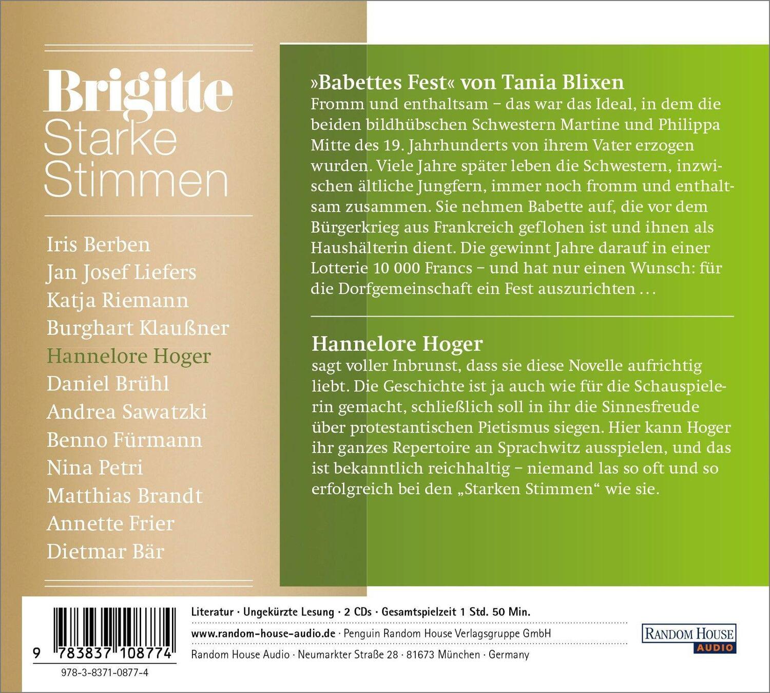 Bild: 9783837108774 | Babettes Fest | Starke Stimmen. BRIGITTE Hörbuch-Edition | Blixen | CD