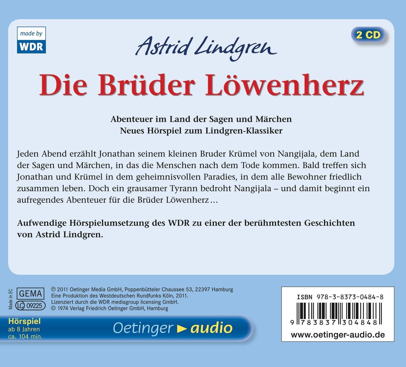 Rückseite: 9783837304848 | Die Brüder Löwenherz | Hörspiel des WDR | Astrid Lindgren (u. a.) | CD