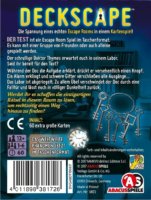 Bild: 4011898381726 | Deckscape - Der Test | Ein Escape Room Spiel im Taschenformat | Spiel