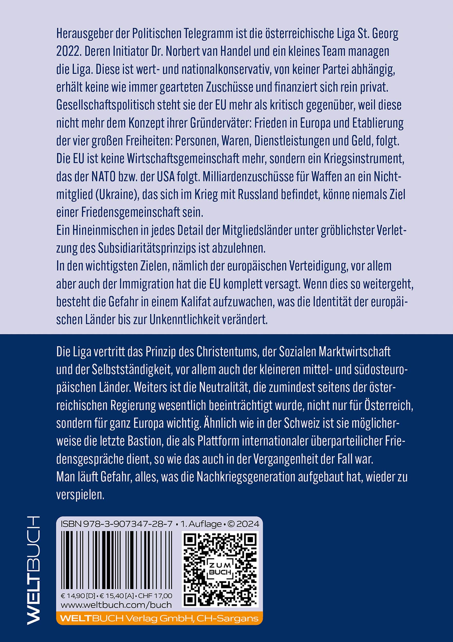 Rückseite: 9783907347287 | Politische Telegramme | Essays und Kommentare: 02/2023 - 05/2024