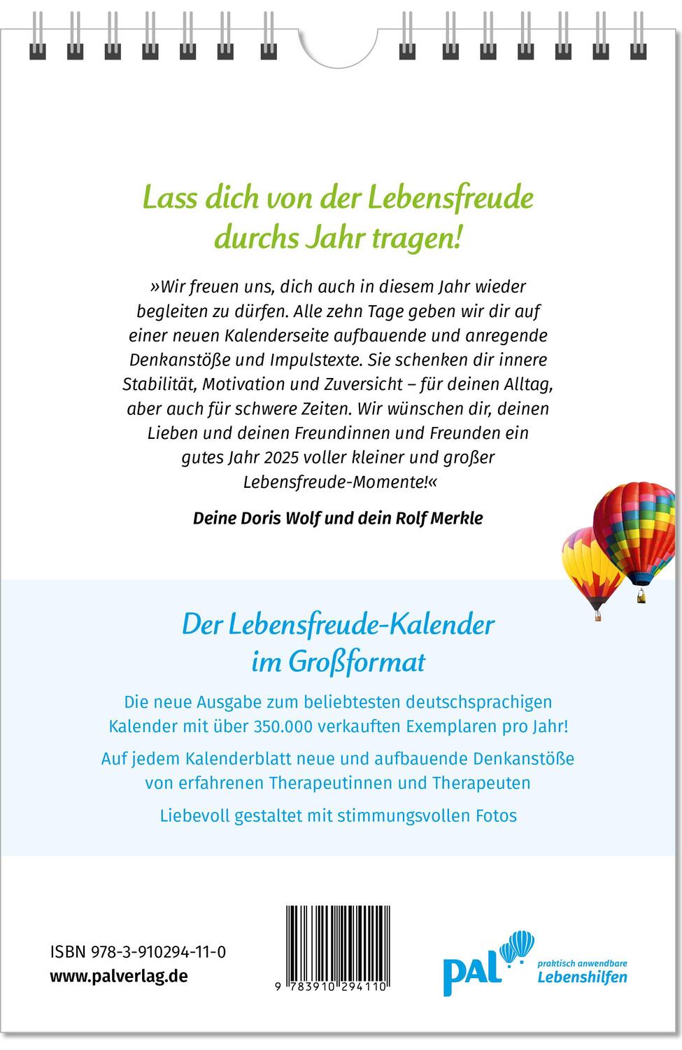 Rückseite: 9783910294110 | Der Lebensfreude-Kalender 2025 im Großformat | Doris Wolf (u. a.)