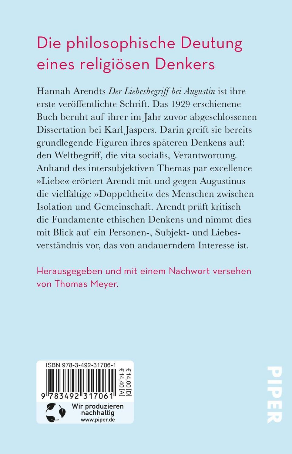 Rückseite: 9783492317061 | Der Liebesbegriff bei Augustin | Hannah Arendt | Taschenbuch | Deutsch