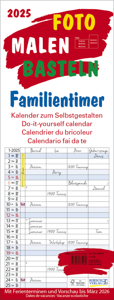 Cover: 9783731875482 | Foto-Malen-Basteln Familientimer 2025 | Korsch Verlag | Kalender