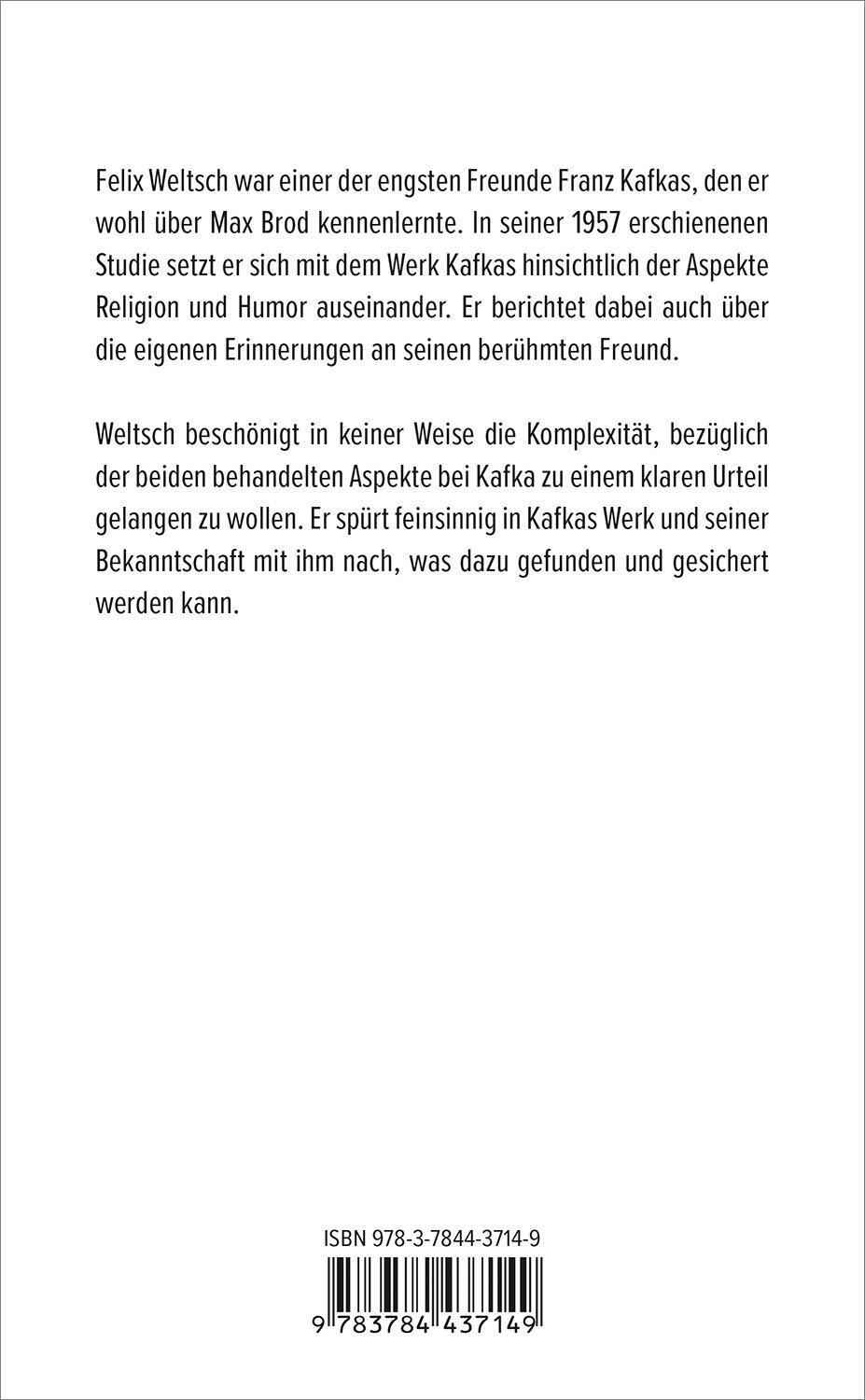 Bild: 9783784437149 | Religion und Humor im Leben und Werk Franz Kafkas | Felix Weltsch