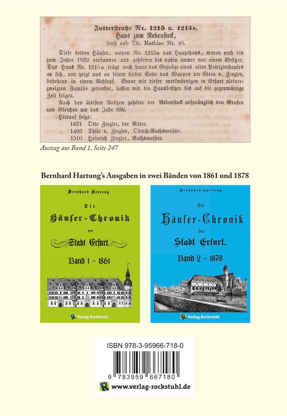 Rückseite: 9783959667180 | Die Häuser-Chronik der Stadt Erfurt 1861 - Band 1 von 2 | Hartung
