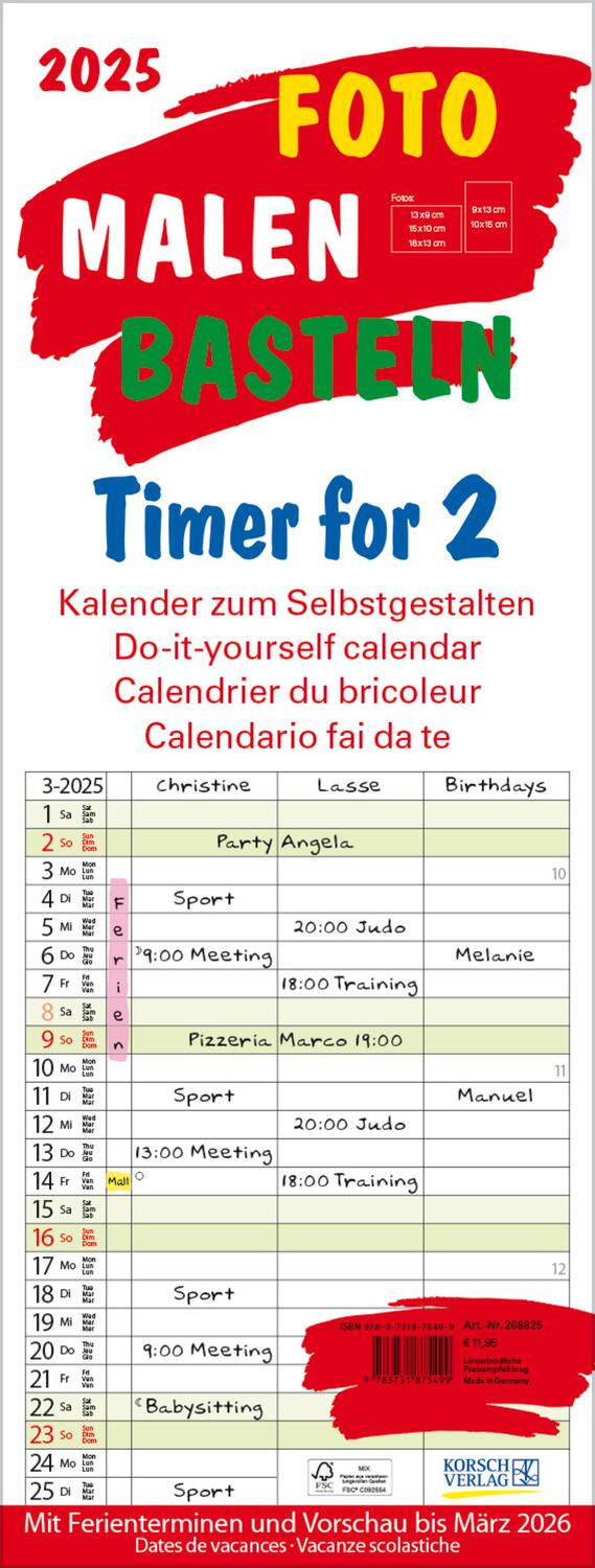 Cover: 9783731875499 | Foto-Malen-Basteln Timer for 2 2025 | Verlag Korsch | Kalender | 14 S.