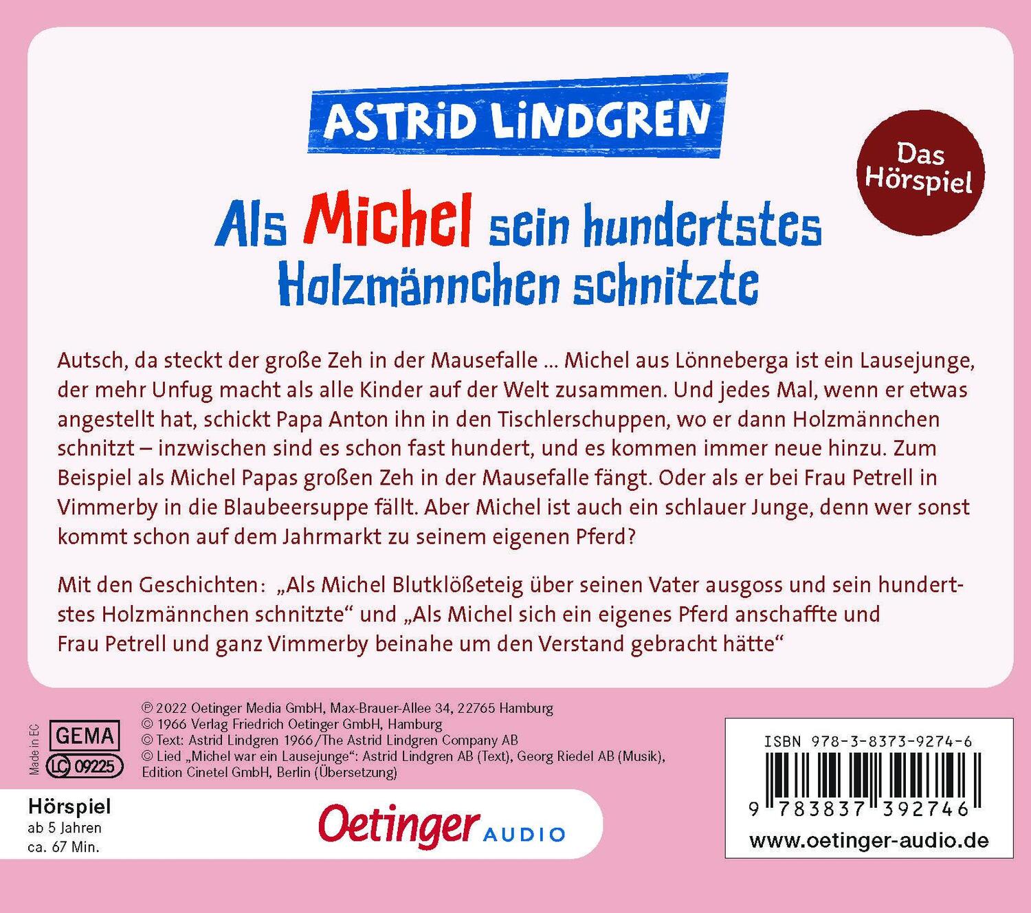 Rückseite: 9783837392746 | Als Michel sein hundertstes Holzmännchen schnitzte | Das Hörspiel | CD