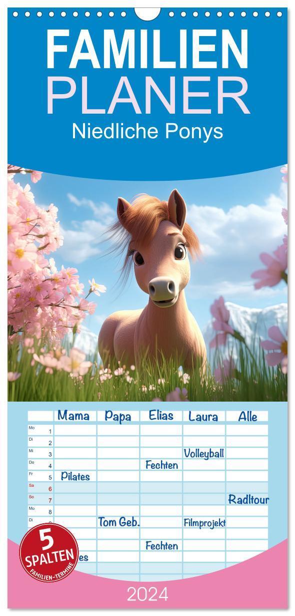 Cover: 9783383697999 | Familienplaner 2024 - Niedliche Ponys mit 5 Spalten (Wandkalender,...