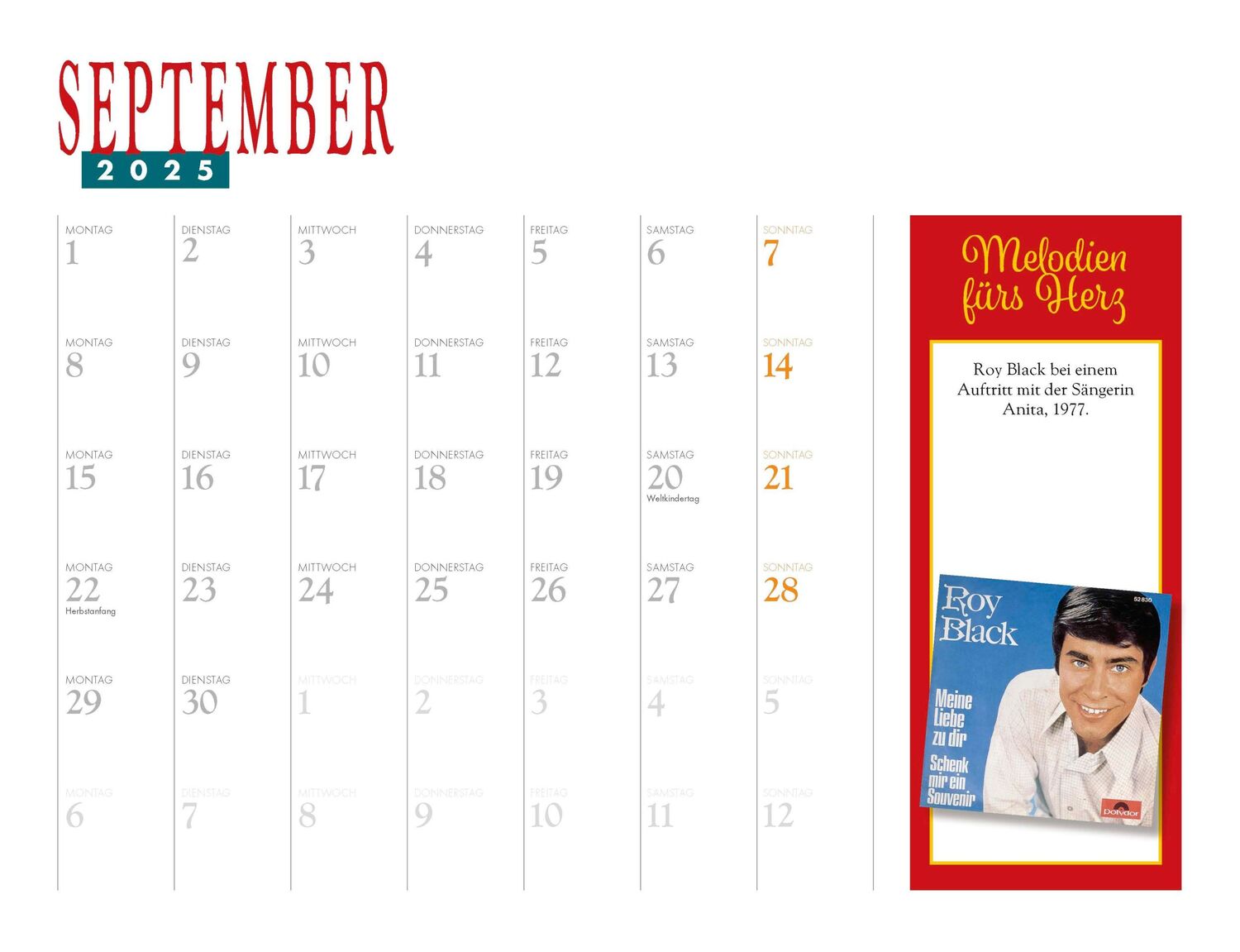 Bild: 9783966648530 | Roy Black Kalender 2025 | Melodien fürs Herz | Kalender | 14 S. | 2025