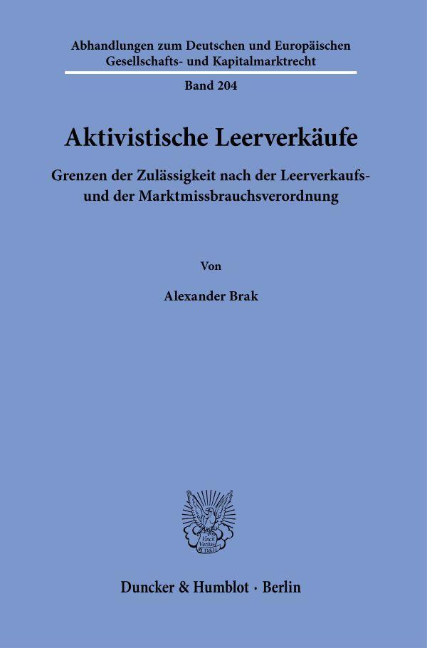 Cover: 9783428185818 | Aktivistische Leerverkäufe | Alexander Brak | Taschenbuch | 217 S.