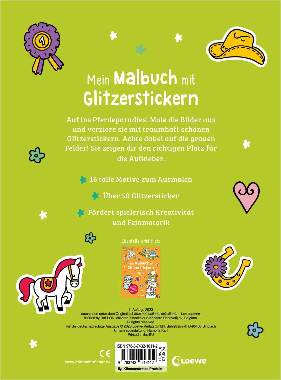 Rückseite: 9783743216112 | Mein Malbuch mit Glitzerstickern - Pferde | Broschüre | Deutsch | 2023